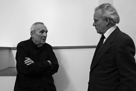 Portrait of Gottfried Honegger (artist of built art) and Emmanuel (artist of built and conceptual art) in Gottfried Honegger's studio in Paris in 2008.