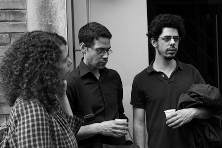 Meriam Korichi, French writer, Youcef Korichi, French painter, Jerome Zonder, French cartoonist. Opening of the exhibition I write your name liberte. Traffic Gallery. Paris on 13 June 2009.