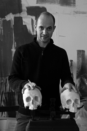 Portrait of Stephane Pencreac'h, French painter in his studio in Montreuil in 2009.