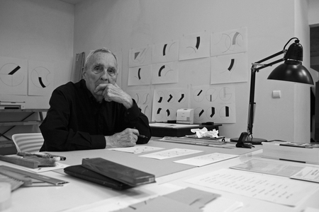 Portrait of Gottfried Honegger, artist of concrete art, in his studio in Paris in 2008.