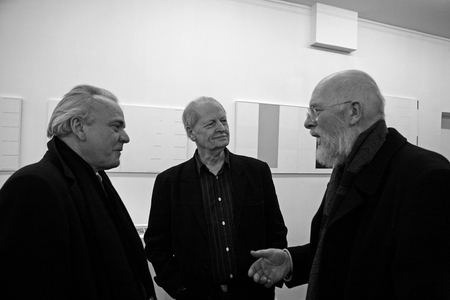 Emmanuel, French artist, Norman Dilworth, English painter and sculptor, Hans Jorg Glattfelder, Swiss painter. Opening of the exhibition Norman Dilworth in the gallery Gimpel & Muller in Paris on January 13, 2009.