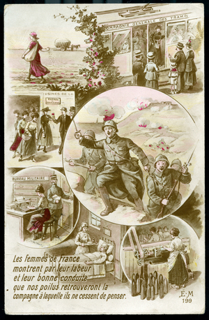 First World War: France, Postcard showing women at work in all the jobs left by men, 1917, the women of France show by their work and good conduct that our hairy men will find the companion they never cease to think about.