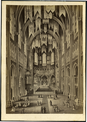 France, Midi-Pyrenees, Hautes-Pyrenees (65), Lourdes: Photograph of a drawing depicting the interior of the Basilica of Lourdes, 1860