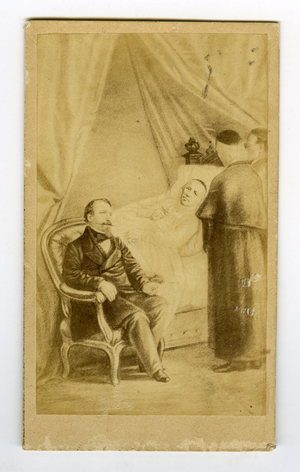 France, Photography of an engraving depicting Napoleon III at the bedside by Felix Dupanloup (1802-1878), 1865