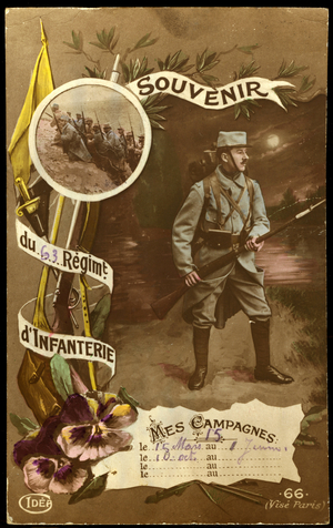 First World War: Patriotic Map showing a soldier rising the war and titled Remembrance of the 63rd Infantry Regiment and with the names of the campaigns carried out, 1915
