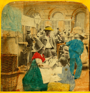 Paris: colourful genre photography depicting a train station with travellers, 1860