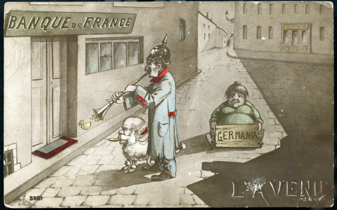 First World War: France, Patriotic Map showing the defeated Germany coming to the bank of France, titled: 'Bank of France the Future', 1916