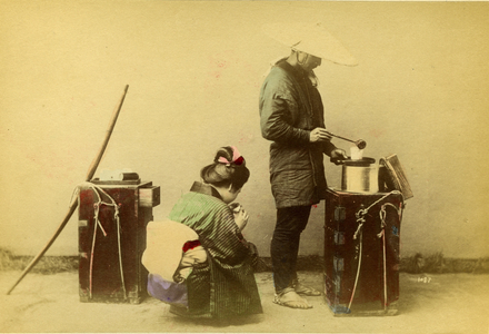 Japan: Soup dealer and client, 1875 - albumin paper enhanced with watercolor