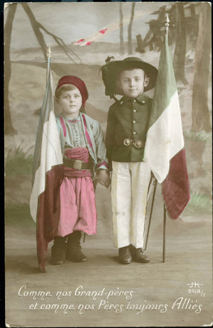 First World War: France, Patriotic image showing two children one disguise as an Italian soldier the other French holding by hand and declaring: 'like our grandfathers and like our fathers, always allied', 1916