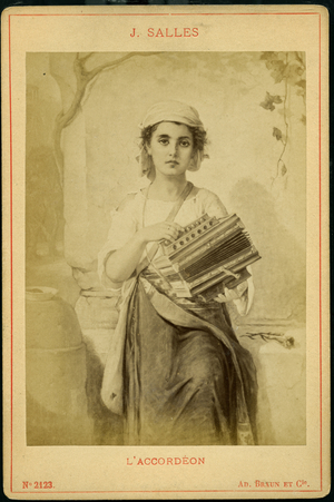 Photograph of a painting by J.Salle depicting a young girl playing the accordeon, 1890