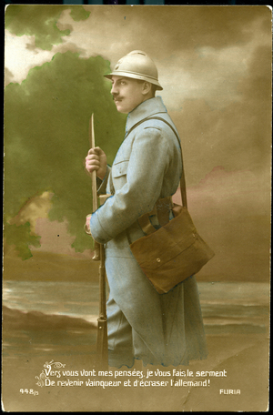 First World War: France, Studio photo showing a soldier in uniform in front of a sea landscape with a patriotic poem, 1916, To you go my thoughts, I swear to you to come back victor and crush the German.