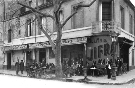 France, Languedoc-Roussillon, Herault (34), Montpellier: avenue du pont Juvenal, cafe of the sports bar, consumers and a boy in costume on the terrace, 1930 - pub: beer Tourtelle, yes but Jifram is the brand - 2nd canton Photography