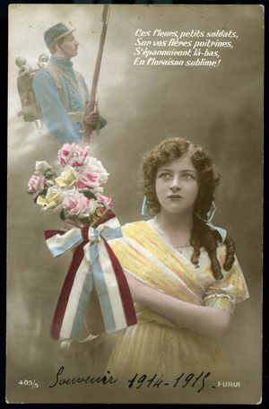 First World War: France, Patriotic Map showing a girl offering a bouquet to a soldier fighting front, 1915