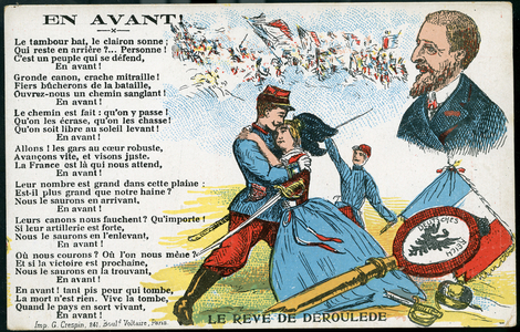 First World War: France, Patriotic Map showing the reunion of France and Alsace, titled: 'Le Reve de Deroulede' with poem and profile of the writer, 1914