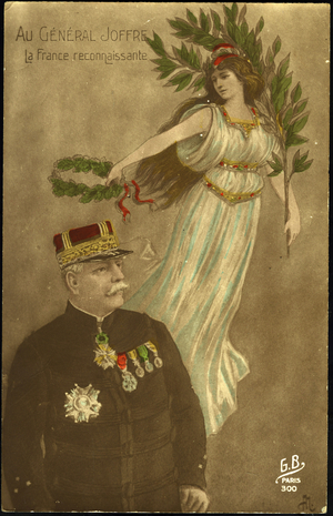 First World War: Patriotic map showing General Joseph Joffre (1852-1931) and his medals crown by the effigy of France, 1915