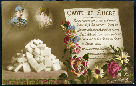 First World War: France, Postcard showing a parody of the rationing card for sugar, 1916, sugar card: “” No rations to lovers since they have already kissed. Only gourmets will be entitled to the refinement. It is forbidden to break pieces on the back of your best friend. Susugar is forbidden to dogs, only cats will have the right to sugar cream