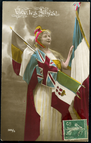 First World War: France, Patriotic Map showing a young woman wearing the Allies flags, 1915, Map titled: Long live the Allies