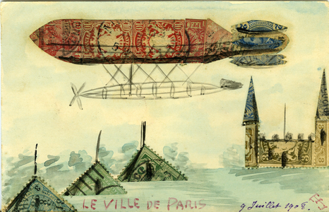 France, Ile-de-France, Hauts-de-Seine (92), Neuilly: Fancy postcard made from stamps cut and depicting the airship ' city of Paris', 1908