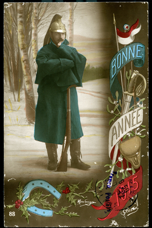 First World War: France, Greeting Card showing a soldier in uniform at the front in an idyllic landscape, 1915