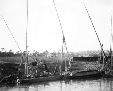 Egypt: Cook cruise, bank of the Nile in the suburbs of Cairo, with felouques at the pier, 1900