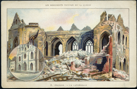 First World War: France, A colorized map showing the cathedral of Peronne after its bombing, 1918