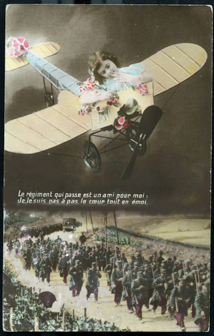 First World War: France, Patriotic Map showing a little girl in an airplane, moved by seeing the soldiers rising to the front, 1915