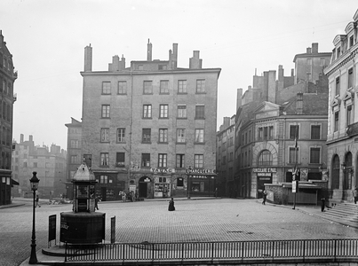 France, Rhone-Alpes, Rhone (69), Lyon: Saint Paul district, place saint Paul with shops, 1904 - shops: charcuterie P Morel, stamps - funicular Saint Paul: Fourviere/Loyasse