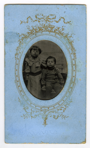 France, A ferrotype representing a little girl and her brother in an oval setting, 1890