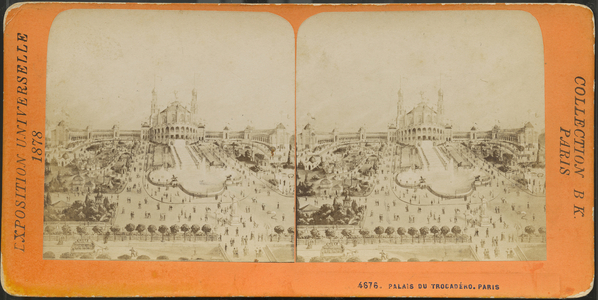France, Ile-de-France, Paris (75): Universal Exhibition, photograph of a drawing representing the Palais du Trocadero and its fountain, 1878 - photo no. 4676, collection b.k paris