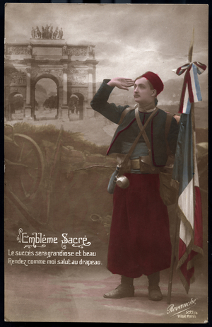 First World War: France, Patriotic Map showing a soldier saluting the Arc du Carrousel, 1915