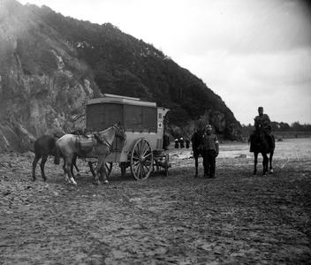 France, Lower Normandy: on a beach military maneuver with an ambulance, 1875