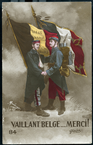 First World War: France, Patriotic Map showing a French soldier and a Belgian soldier shake hands before their respective flag, titled: 'Valor Belge, Mercy', 1915