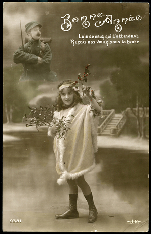First World War: France, Greeting Card with a little girl showing a bouquet made of mistletoe thinking of her father fighting at the front, 1914