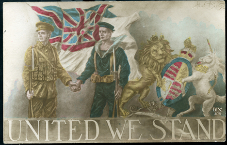 First World War: France, Patriotic Map showing an Australian soldier and an English soldier stand by hand to defend France, titled 'United we stall', 1917