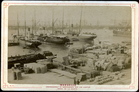 France, Provence-Alpes-Cote d'Azur, Bouches-du-Rhone (13), Marseille: Basin de la Joliette, embarkation of goods on the cattes (peniches), 1885 - Name of the boat on the left: Bonnardel