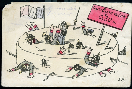 First World War: France, drawn postcard showing German soldiers engulfed in Coulommiers cheese, the only French victory of the War of 1870, 1915