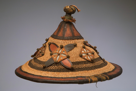 Cattle herder's hat, Fulani people (Ghana, Chad, Cameroon, Niger, Nigeria, Mal, Burkina Faso and Guinea-Conakry), collected between 1960-73 (raffia, leather & dye)