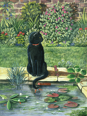 Black cat by a pond, 1983 (gouache)