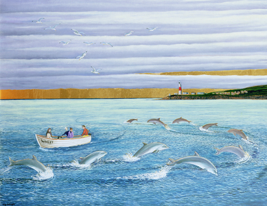 Dolphins Playing, 2004 (oil on canvas)