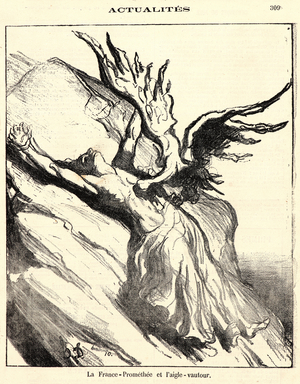 Honore Daumier (French, 1808 - 1879). La France Promethee et l'aigle- vautour, 1871. From Actualites. Lithograph on newsprint paper. Image: 227 mm x 189 mm (8.94 in. x 7.44 in.). Second of two states.