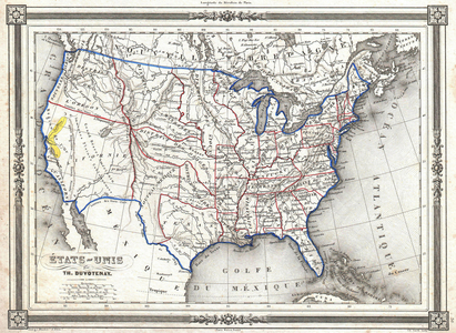 1852, Duvotenay Map of the United States, Gold Rush