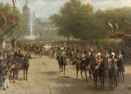 Frederiksplein a Amsterdam, lors de l'entree de la reine Wilhelmine (1880-1962), 5 septembre 1898. Peinture de Otto Eerelman (1839-1926), huile sur toile, 139x195 cm, 1898-1900 - The Frederiksplein Amsterdam during the entry of Queen Wilhelmina, September 5, 1898, Eerelman, Otto - Rijksmuseum Amsterdam
