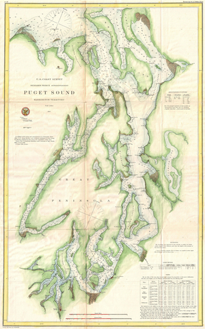 1867, U.S. Coast Survey Chart or Map of Puget Sound, Washington
