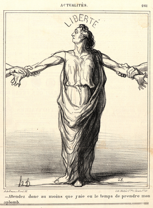 Honore Daumier (French, 1808 - 1879). Attendez donc au moins que j'aie eu le temps..., 1869. From Actualites. Lithograph on newsprint paper. Image: 247 mm x 203 mm (9.72 in. x 7.99 in.). First of two states.