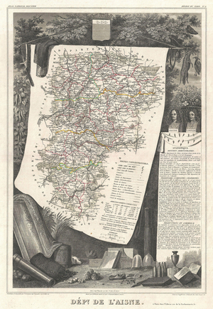 1852, Levasseur Map of the Department L'Aisne, France