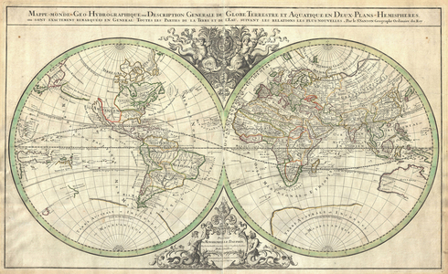 1691, Sanson Map of the World on Hemisphere Projection