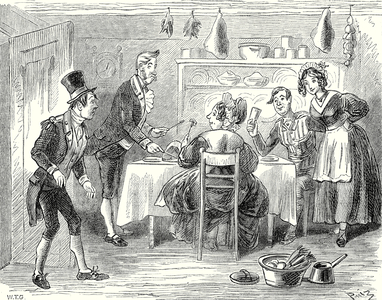 "The kitchen door opened, and in walked Mr. Job Trotter", illustration from 'The Pickwick Papers' by Charles Dickens, c.1838 (engraving)