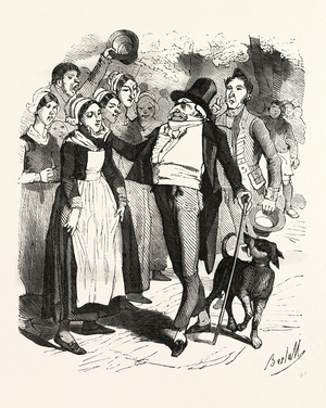 French count and his dog on a walk in the village illustration for Paris, Soyons, France, Europe, 19th century