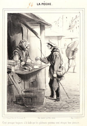Honore Daumier (French, 1808 - 1879). C'est presque toujours a la halle..., 1840. From La Peche. Lithograph on white wove paper. Image: 228 mm x 167 mm (8.98 in. x 6.57 in.) (image dimensions are for composition). Third state.