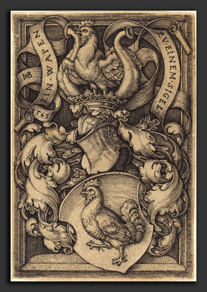 Armoiries avec casque couronne, coqs et feuilles d'acanthe - Sebald Beham (German, 1500 - 1550), Coat of Arms with a Cock, 1543, engraving